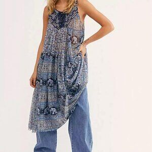 Free People Printed The Wanderers Top Blue Dress Size XS Boho Y2K Sheer‎